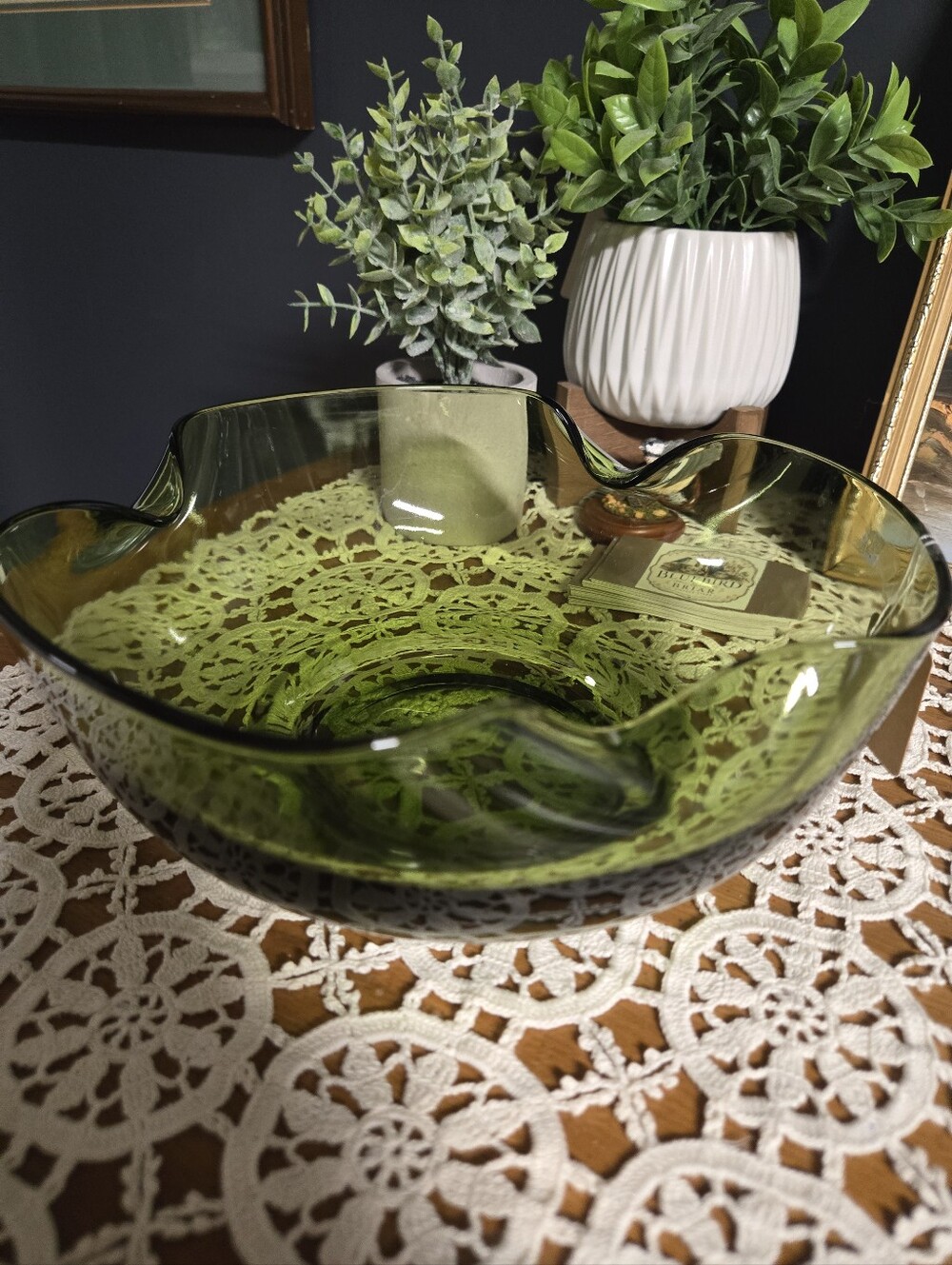Large Olive Green Freeform Art Glass Bowl